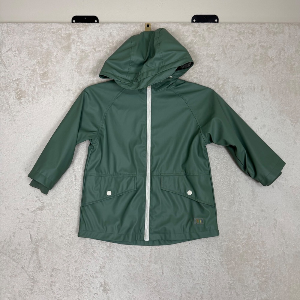 Zara Kids Hooded Rain Jacket Sage Green Striped Lining Size 3-4 Years